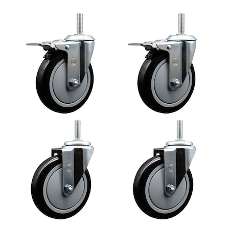 Service Caster 5 Inch Black Polyurethane Swivel 58 Inch Threaded Stem Caster Set 2 Total Lock Brakes SCC-TSTTL20S514-PPUB-BLK-58212-2-S-2